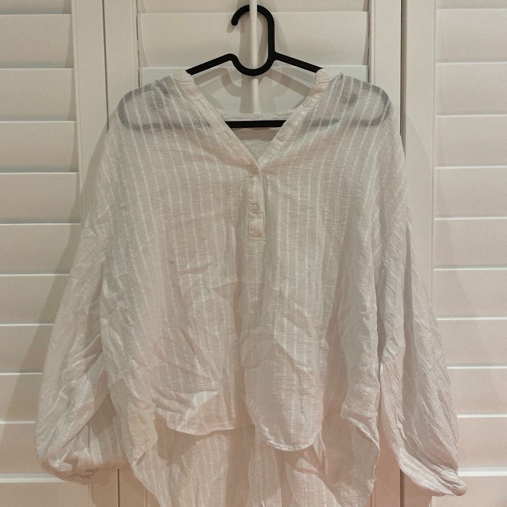 White Over-sized Sheer Striped Tunic With Puffy Sleeves